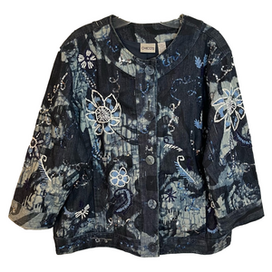 Chico's Adorn Denim Carlton Blue Jean Jacket XL Embroidery Boxy Fit Spring Layer